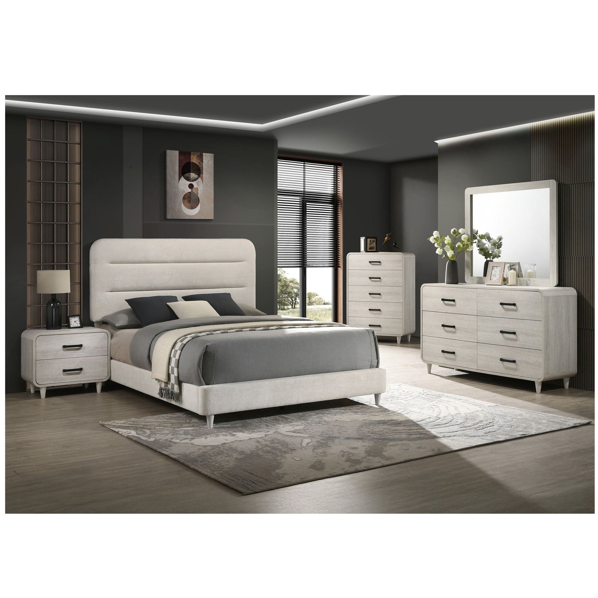 Upholstered Panel Bed Sleek Lines in light gray fabric; modern bedroom with dressers on Tampa Home & Garden Store