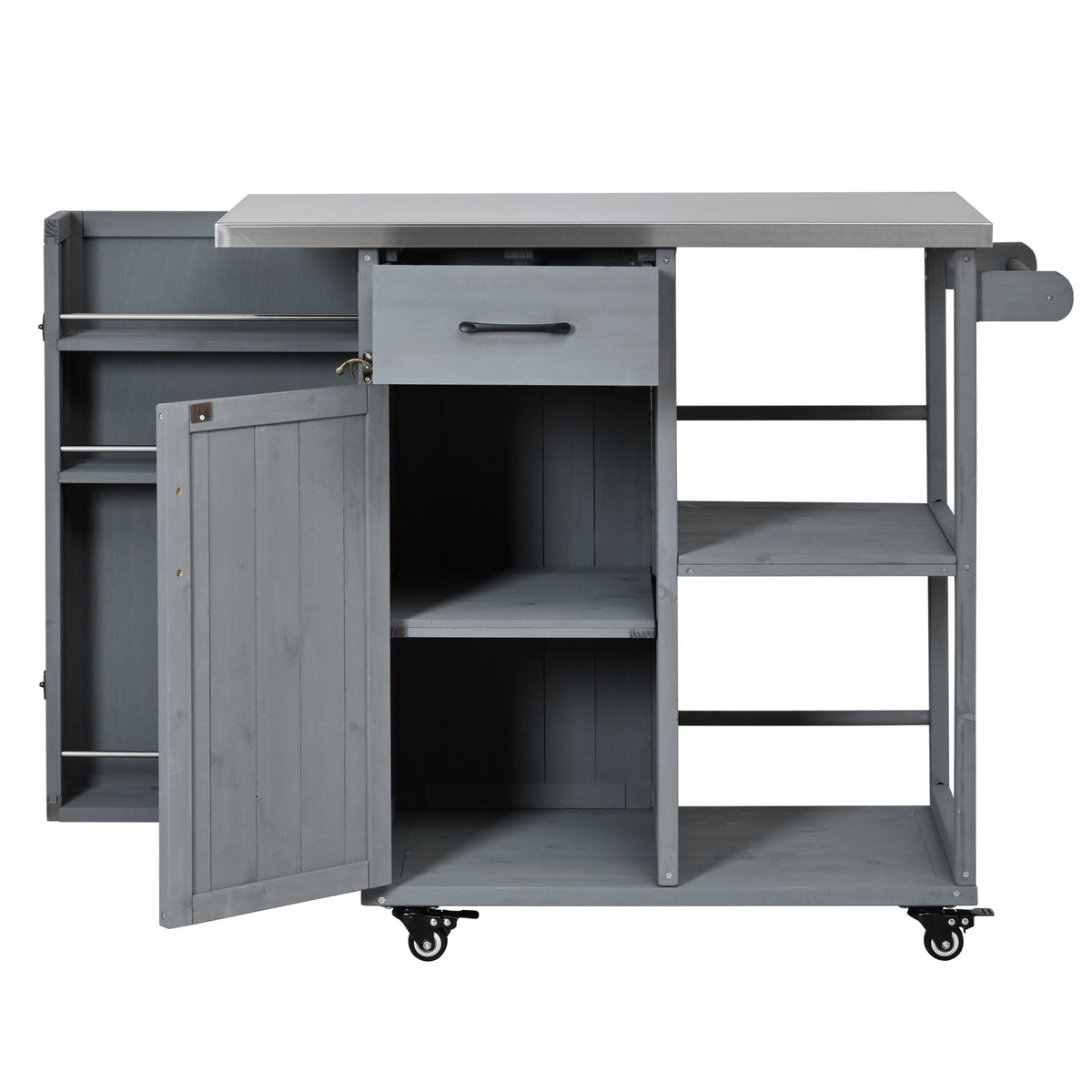 Outdoor kitchen island fir wood with stainless top, drawer and shelves, gray finish, on wheels on Tampa Home & Garden Store