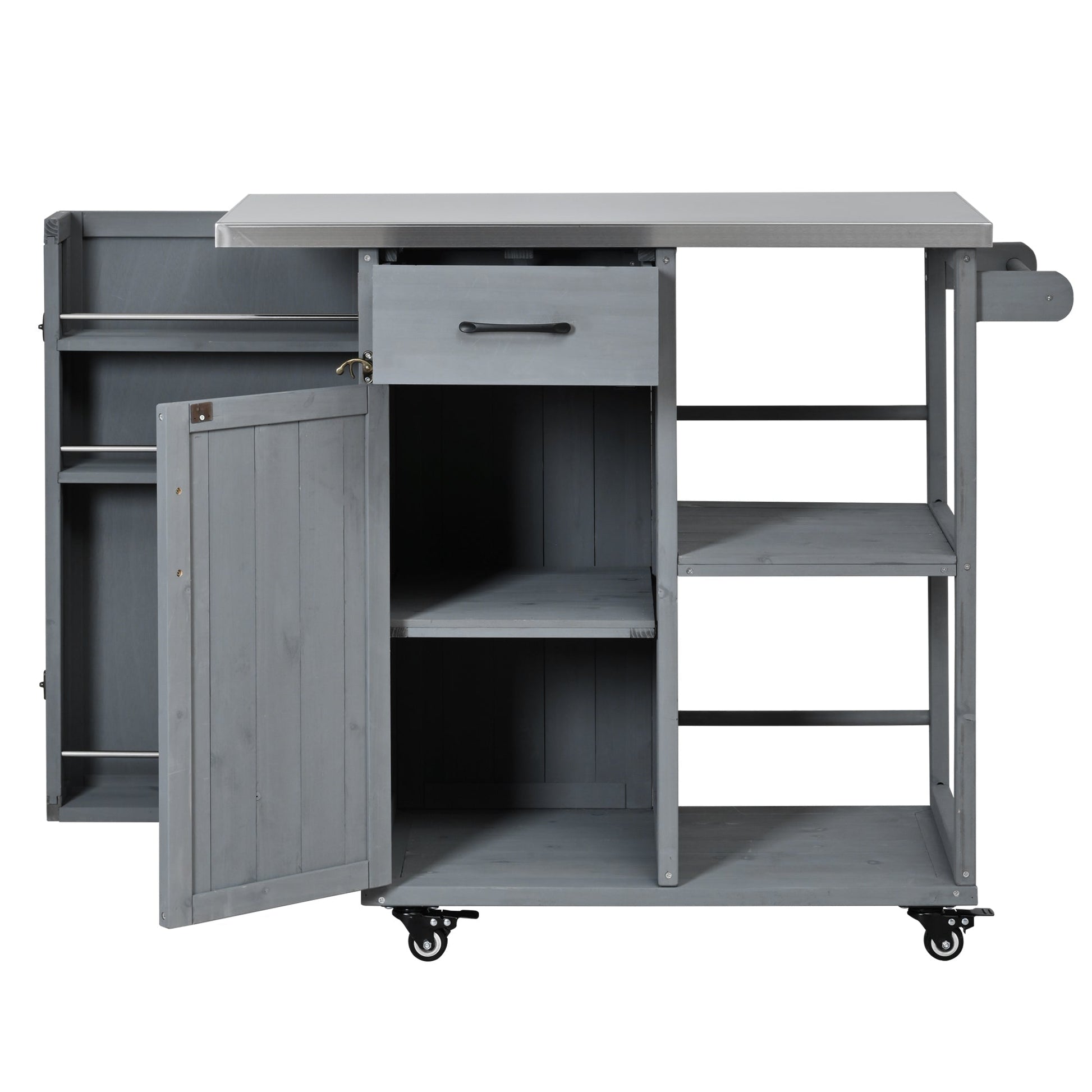 Outdoor kitchen island fir wood with stainless top, drawer and shelves, gray finish, on wheels on Tampa Home & Garden Store