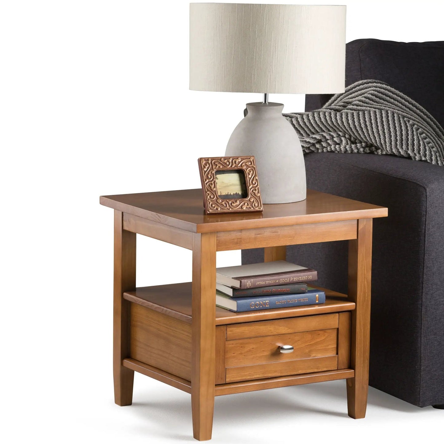 Warm Shaker handcrafted coffee table by Unique Piece Furniture with warm wood finish and lamp on Tampa Home & Garden Store