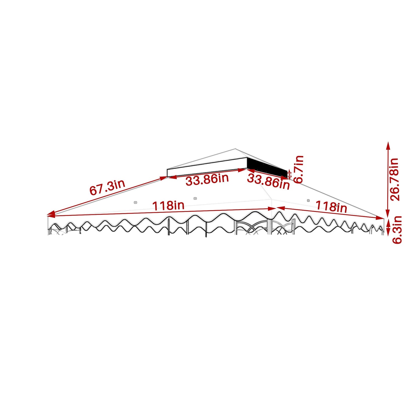 10x10 ft gazebo replacement canopy in brown with dimensioned schematic and measurements on Tampa Home & Garden Store