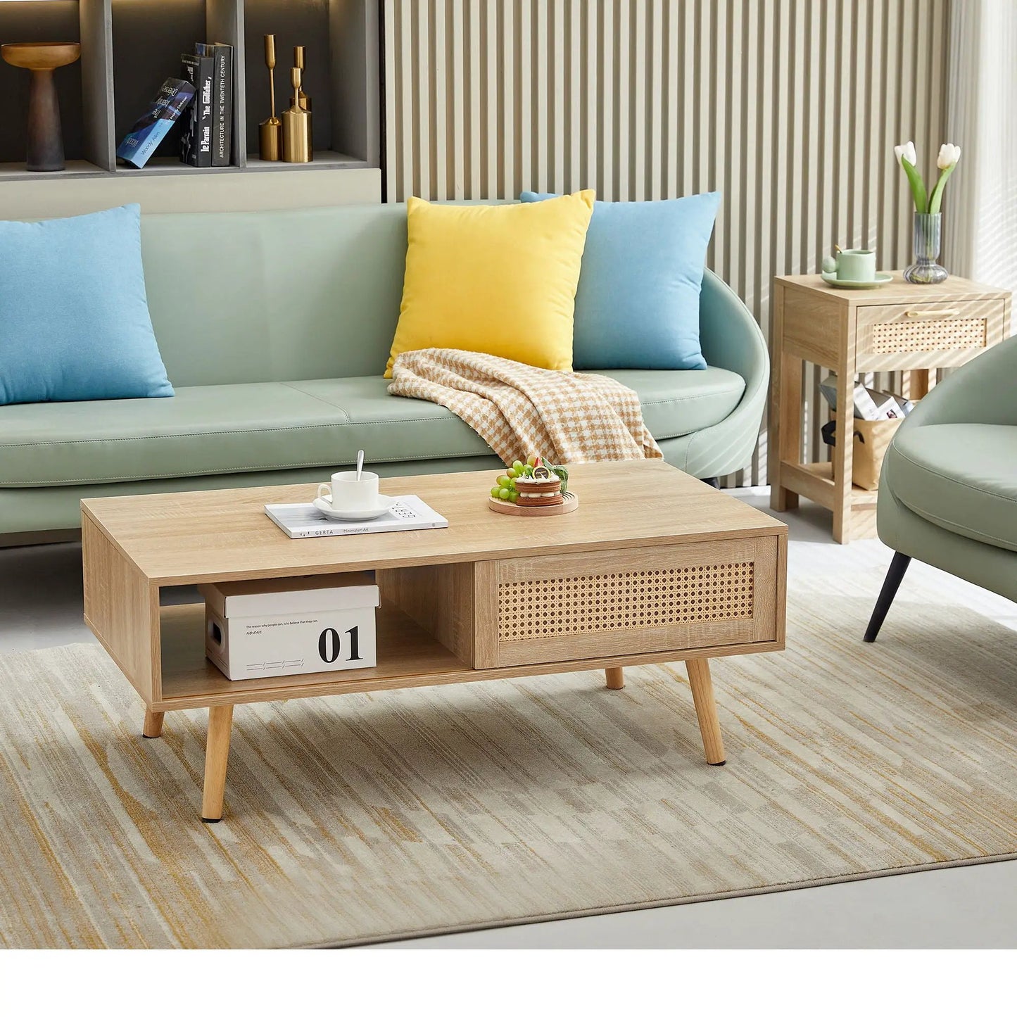 Rattan coffee table with sliding storage door and wooden legs in a modern living room on Tampa Home & Garden Store