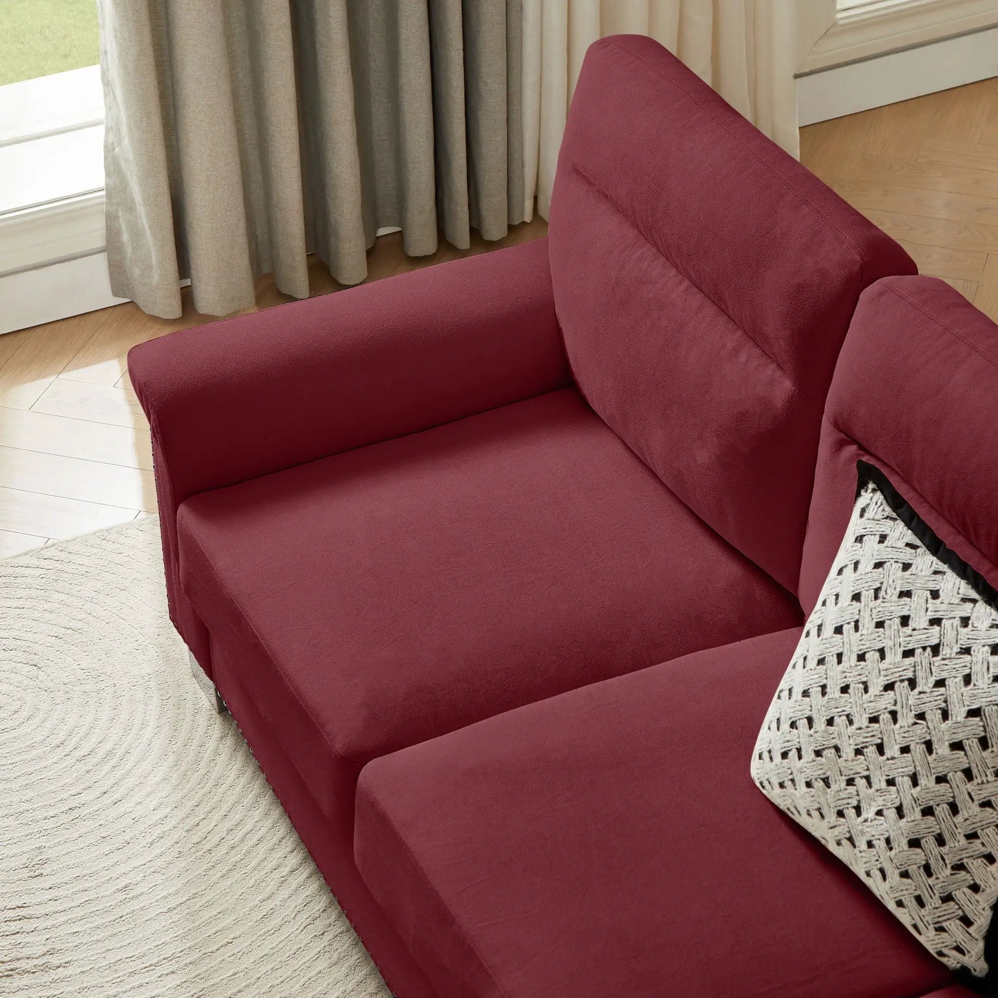 3 Seater Stationary Sofa in burgundy fabric with plush cushions by Unique Piece Furniture on Tampa Home & Garden Store