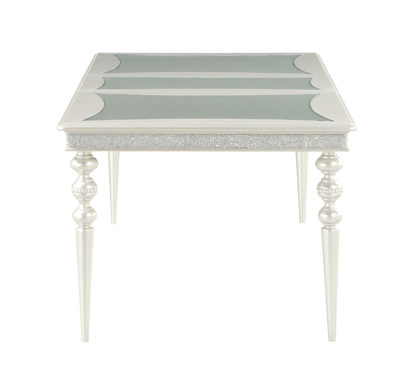 Maverick Dining Table Silver by HouseOfZazla; mirrored top with curved corner inlays on Tampa Home & Garden Store