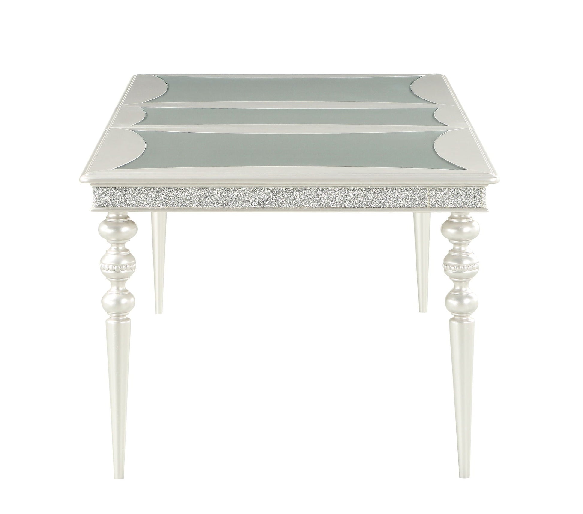 Maverick Dining Table Silver by HouseOfZazla; mirrored top with curved corner inlays on Tampa Home & Garden Store