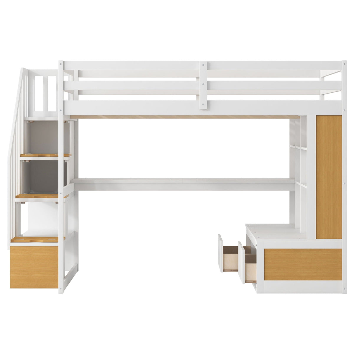Full size loft bed with desk and shelves, storage staircase, natural wood & white finish on Tampa Home & Garden Store