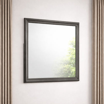 Rectangular wall mirror with smooth dark gray frame on a beige wall beside taupe curtains on Tampa Home & Garden Store