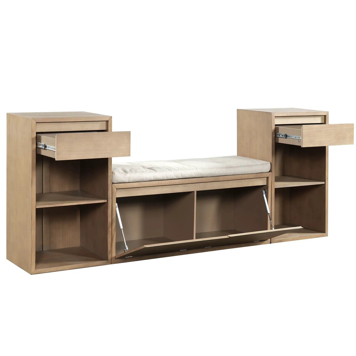 Wooden entryway storage benches with cushion, open shelves and 2 drawers in light oak on Tampa Home & Garden Store