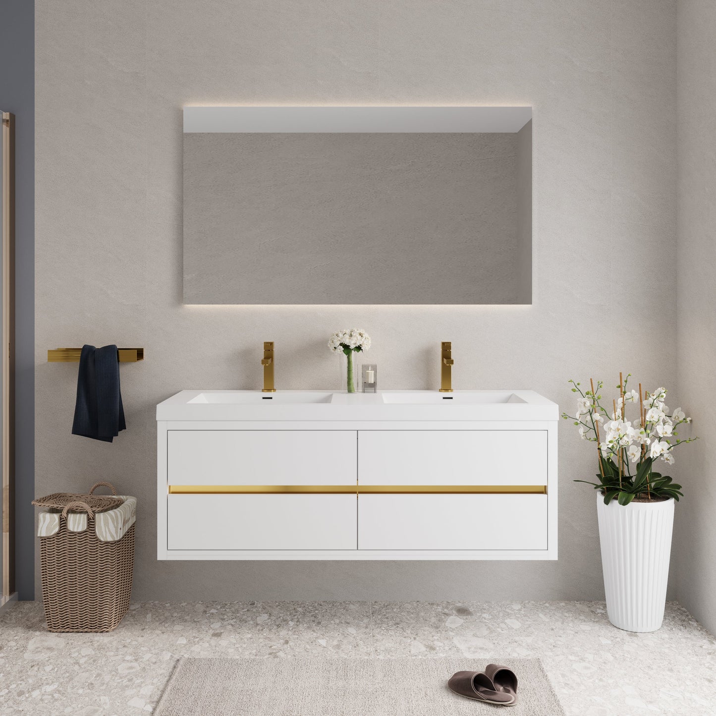 60-inch wall-mounted bathroom vanity with sinks, floating storage, gold faucets HouseOfZazla on Tampa Home & Garden Store