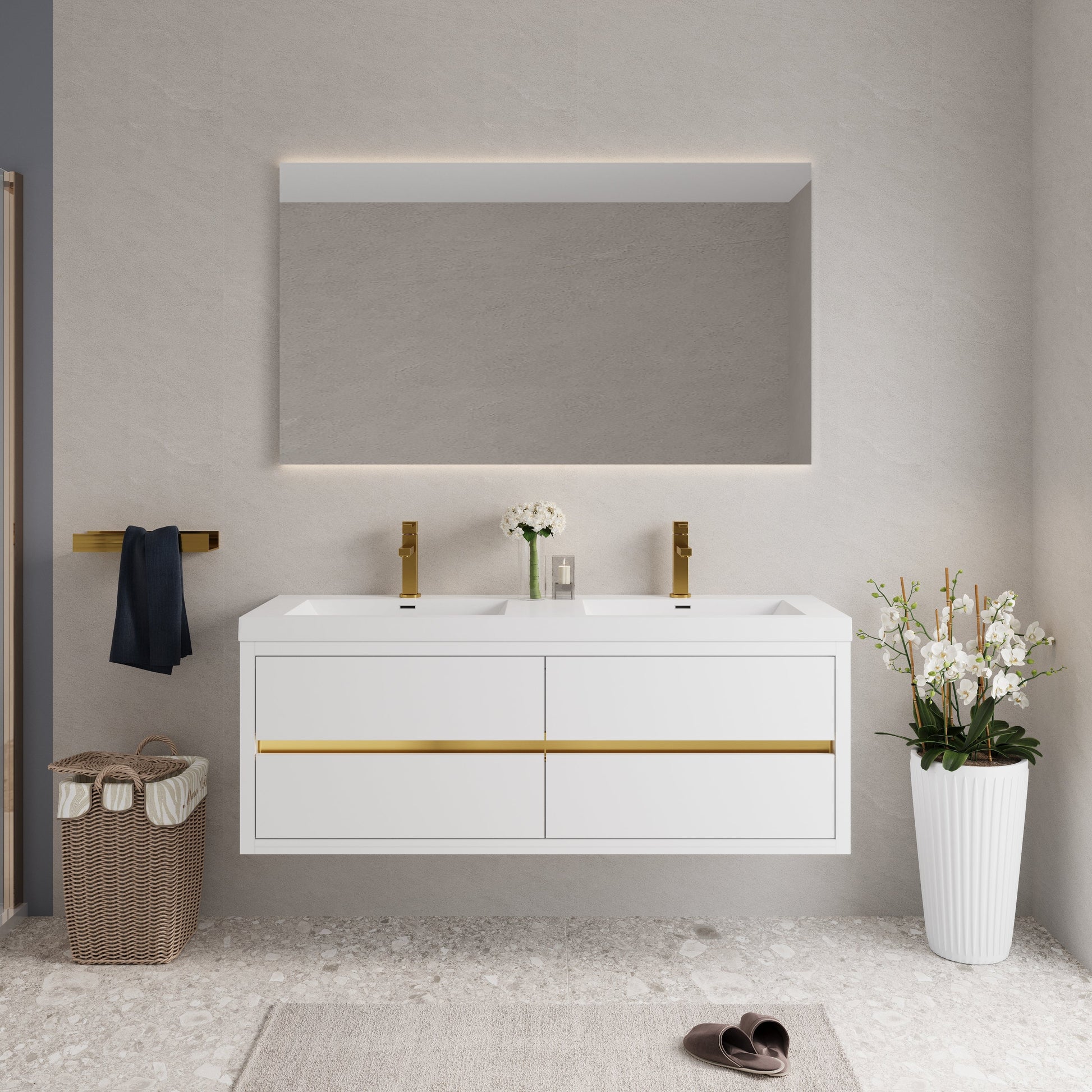60-inch wall-mounted bathroom vanity with sinks, floating storage, gold faucets HouseOfZazla on Tampa Home & Garden Store