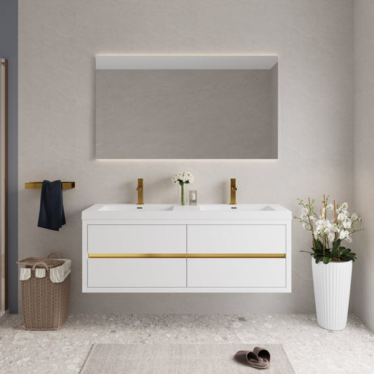 60-inch wall-mounted bathroom vanity with sinks, floating storage, gold faucets HouseOfZazla on Tampa Home & Garden Store