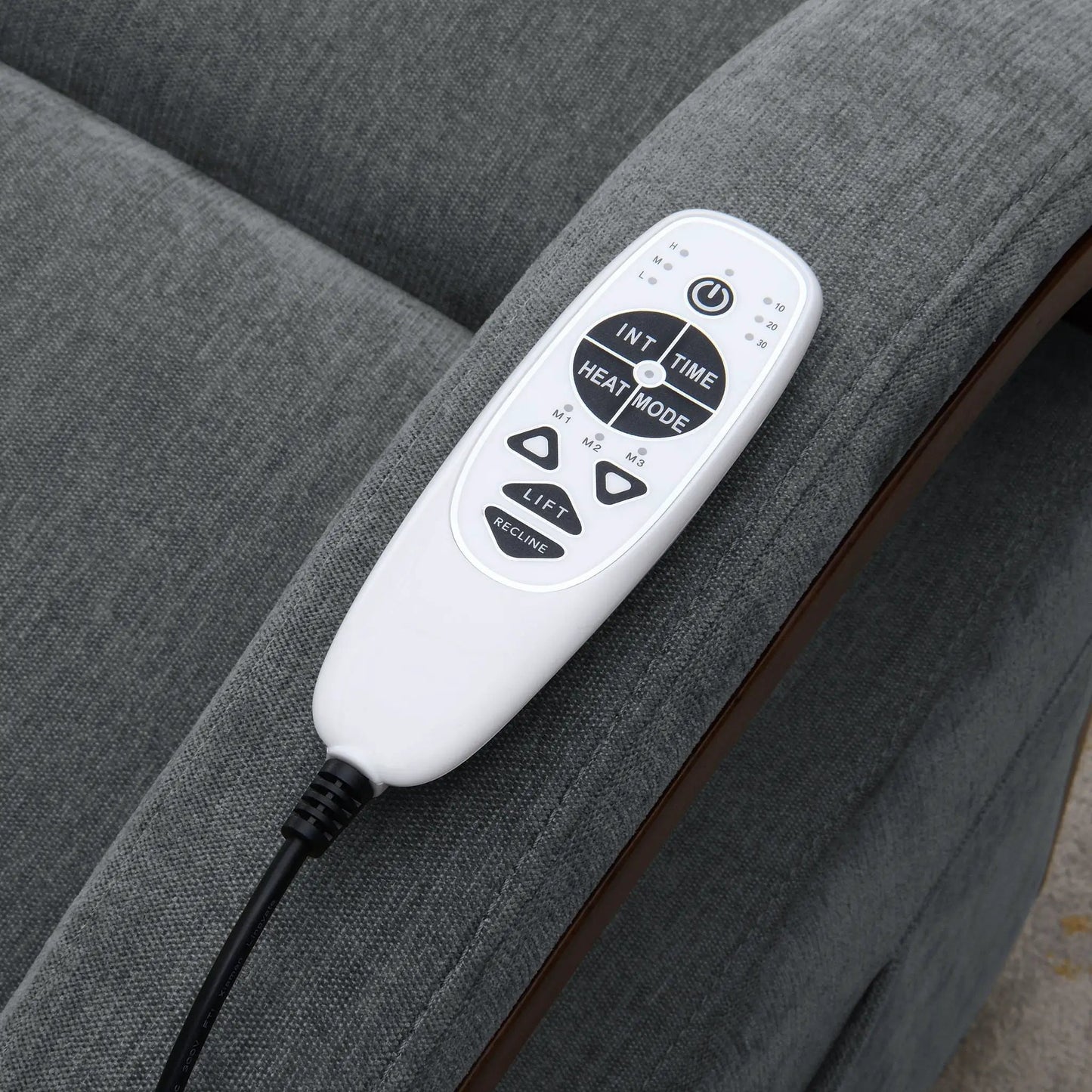 Kayla lift chair remote in white with lift, recline and heat mode controls on gray fabric on Tampa Home & Garden Store