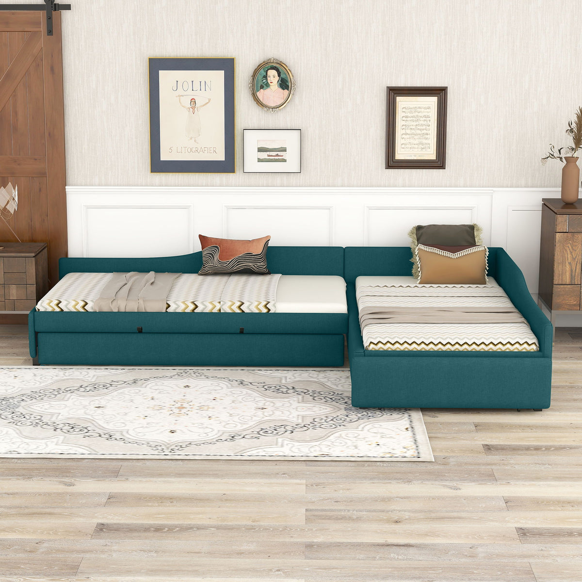 Upholstered double daybed with trundle and drawer in teal fabric by HouseOfZazla on Tampa Home & Garden Store