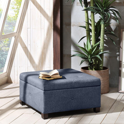 Aspen Ottoman Soft Close Storage blue upholstered fabric with dark wood legs on Tampa Home & Garden Store