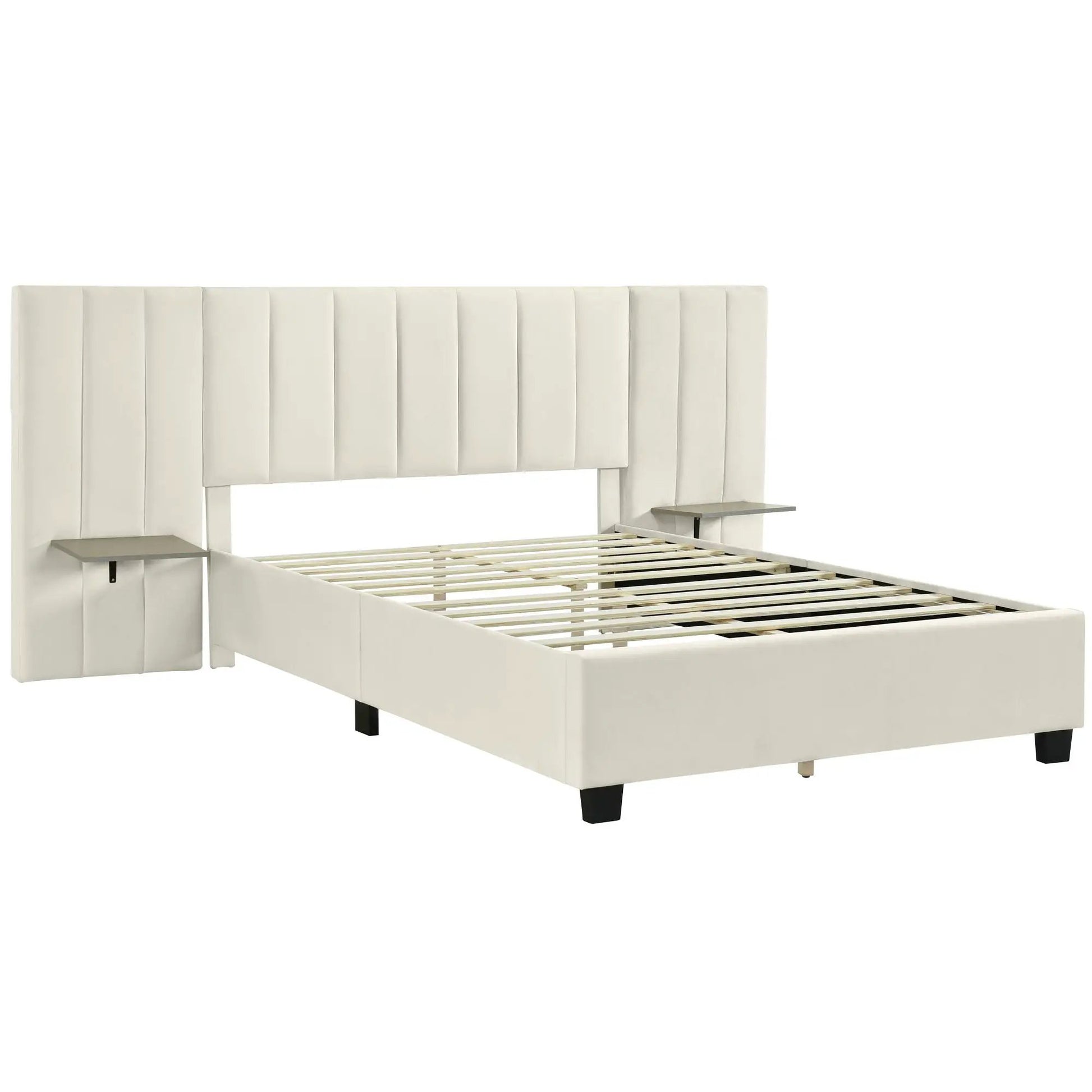 Upholstered platform bed with big white tufted headboard and built-in side shelves on Tampa Home & Garden Store