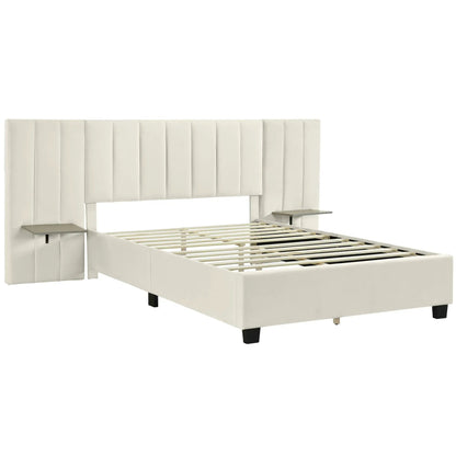 Upholstered platform bed with big white tufted headboard and built-in side shelves on Tampa Home & Garden Store