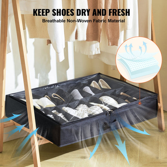 Sturdy under-bed shoe storage organizer set of 2 in black non-woven fabric by HouseOfZazla on Tampa Home & Garden Store