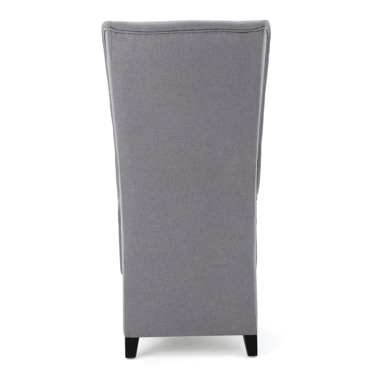 Upholstered dining chair back view in gray fabric with dark tapered legs on Tampa Home & Garden Store