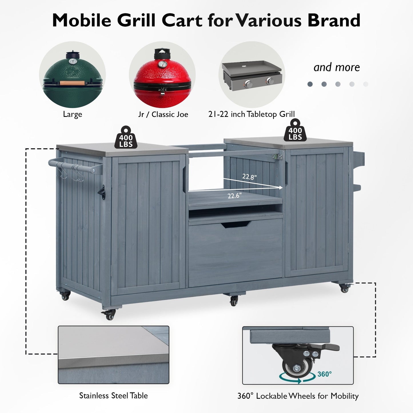 K&K 66.5-inch outdoor kitchen island for Big Green Egg, gray wood on Tampa Home & Garden Store