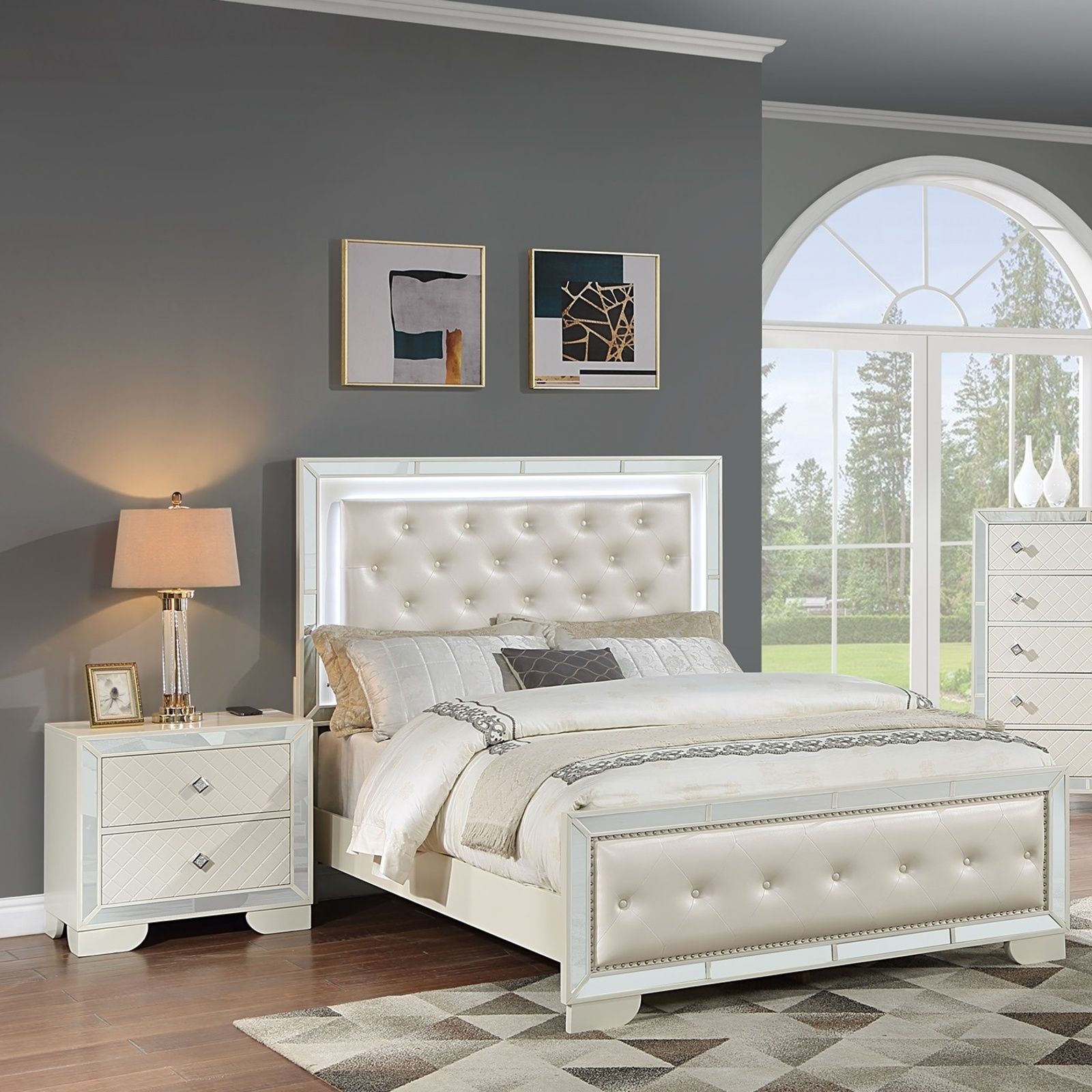 White tufted bed with LED-lit headboard and two mirrored nightstands from HouseOfZazla on Tampa Home & Garden Store