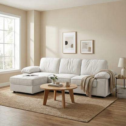 L-shaped sectional sofa with ottoman 105.5in in light beige fabric by HouseOfZazla on Tampa Home & Garden Store