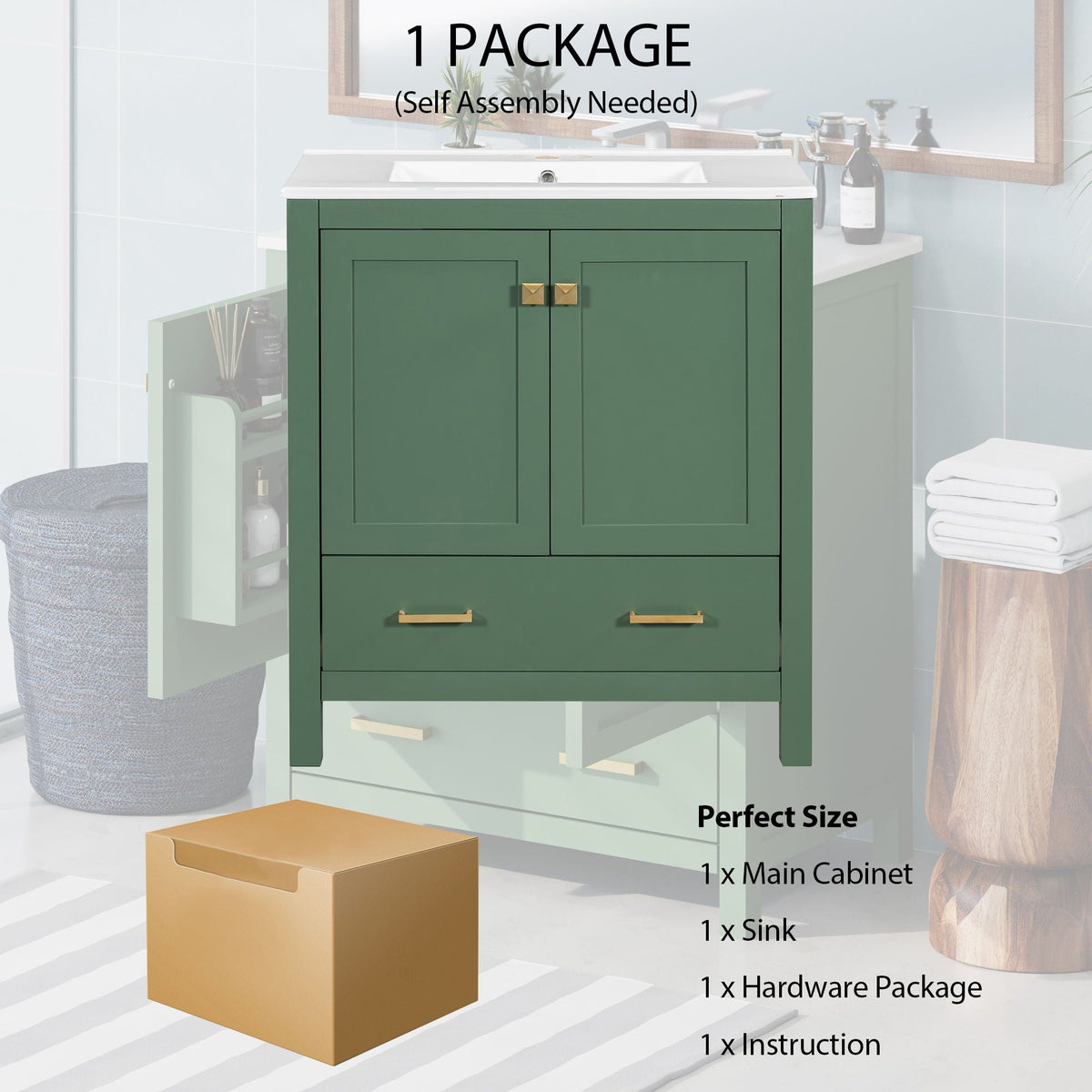 Green bathroom vanity with single undermount sink and storage, solid wood, HouseOfZazla on Tampa Home & Garden Store