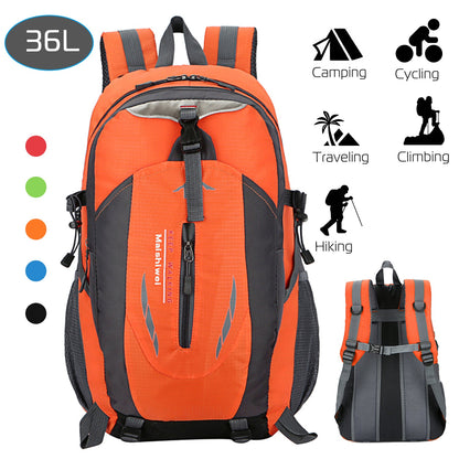 GemGear 36L waterproof hiking backpack in orange and gray with front buckle straps on Tampa Home & Garden Store