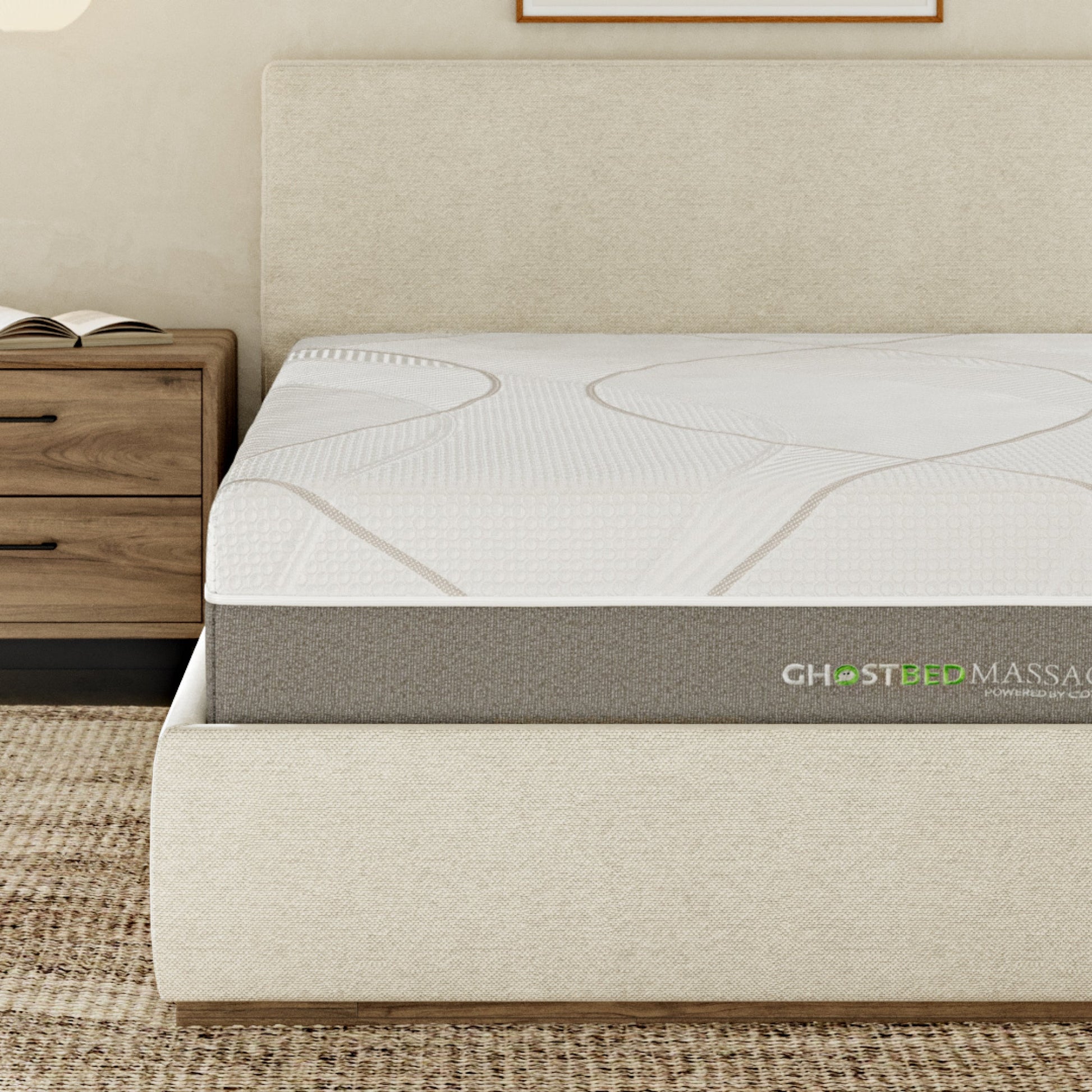 GhostBed Massage Mattress Hybrid on beige upholstered bed with gray base on Tampa Home & Garden Store