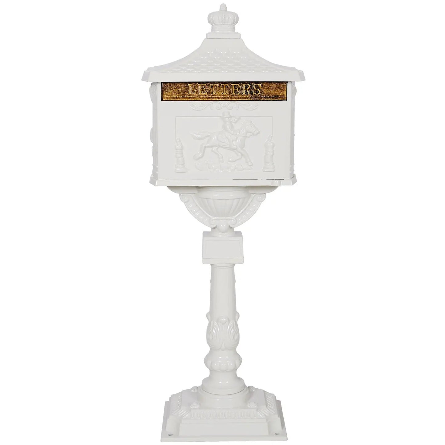 Cast aluminum mailbox on ornate white post with gold LETTERS plaque and horse relief on Tampa Home & Garden Store