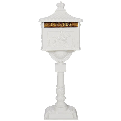Cast aluminum mailbox on ornate white post with gold LETTERS plaque and horse relief on Tampa Home & Garden Store