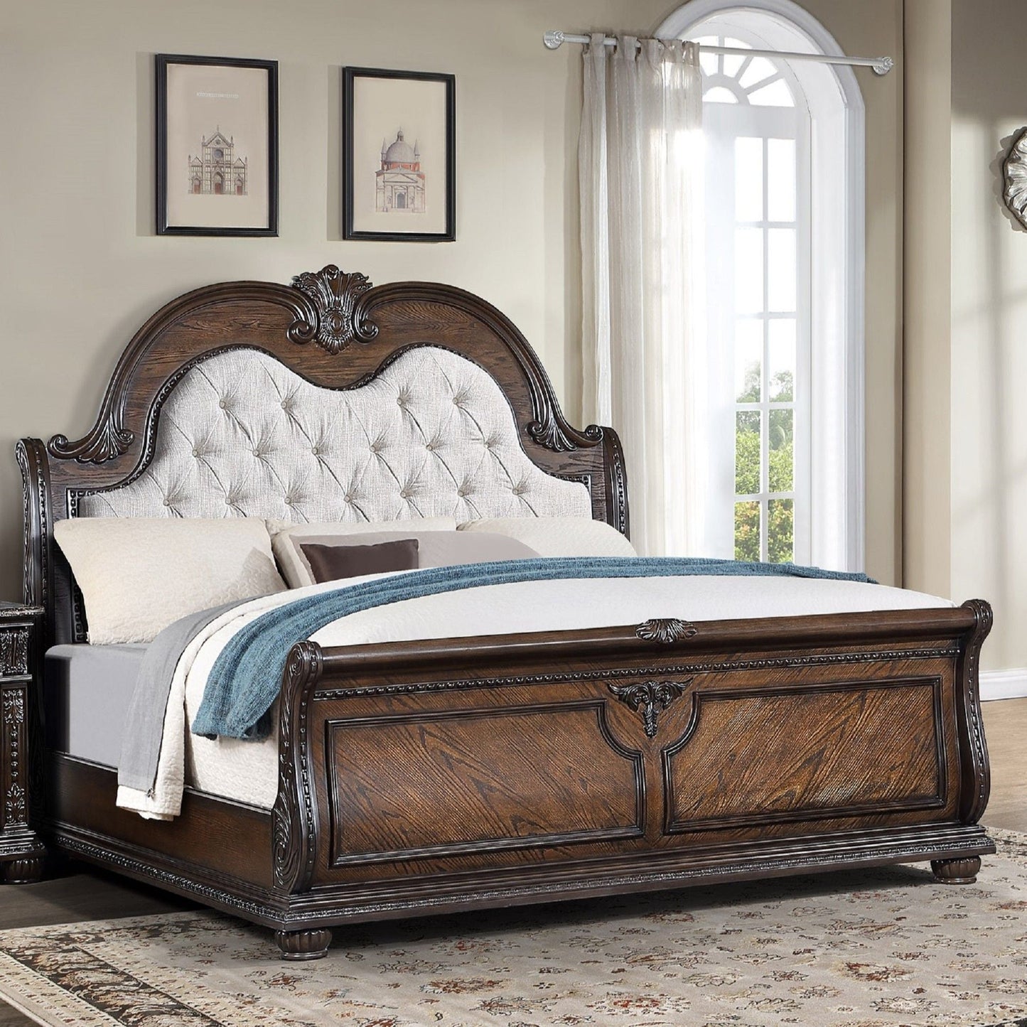 Traditional Style Button Tufted Headboard Sleigh Bed in dark wood by HouseOfZazla on Tampa Home & Garden Store