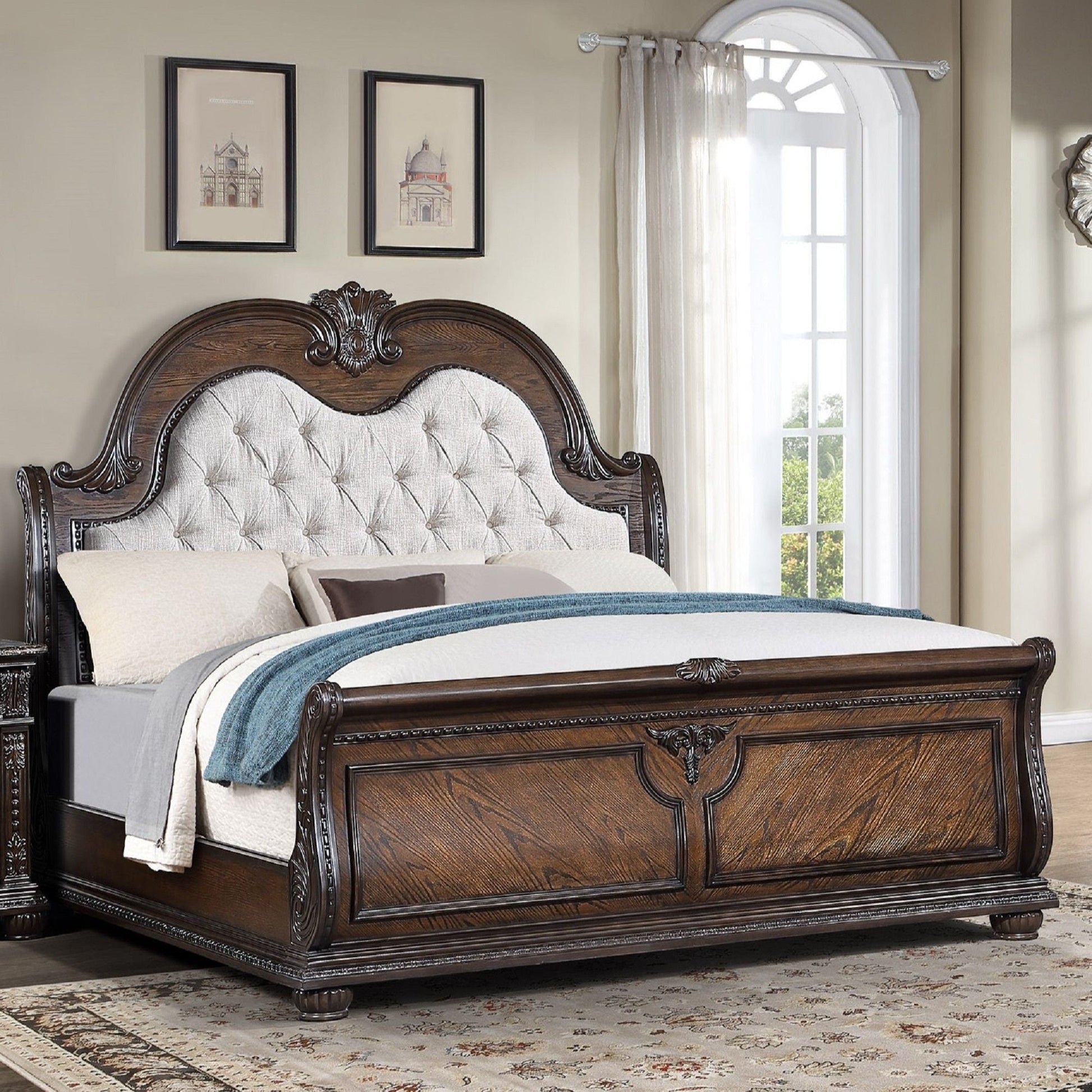 Traditional Style Button Tufted Headboard Sleigh Bed in dark wood by HouseOfZazla on Tampa Home & Garden Store