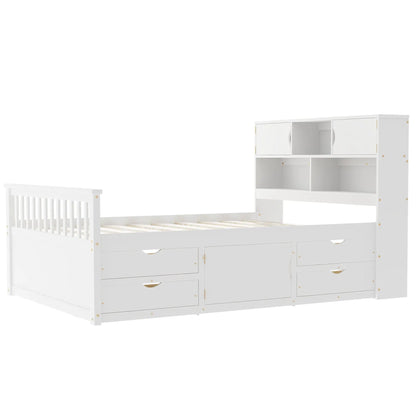 Captain Platform Bed Frame with Bookcase Headboard, white finish, storage shelves and 4 drawers on Tampa Home & Garden Store