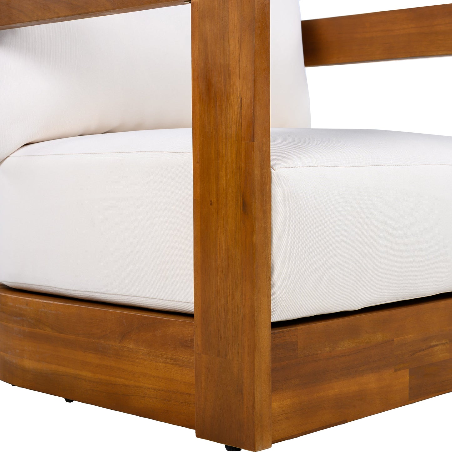 Premium Acacia Wood Outdoor Club Chair by HouseOfZazla, brown wood frame with white cushion on Tampa Home & Garden Store