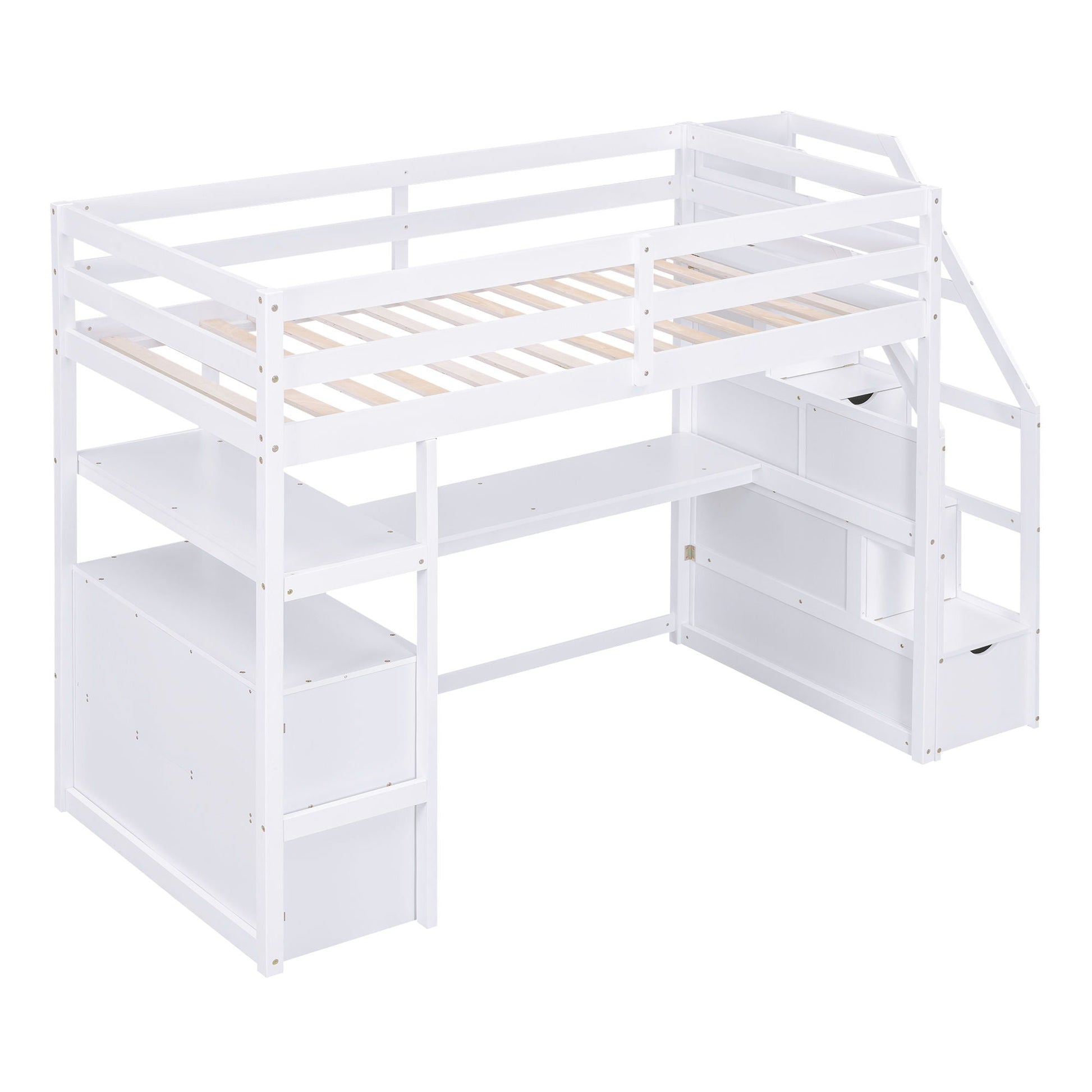 Loft bed with desk and storage stairs in white wood, shelves and 2 drawers HouseOfZazla on Tampa Home & Garden Store