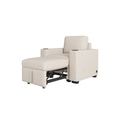 Single pull-out sleeper chair in beige textured fabric with cup holders on armrests on Tampa Home & Garden Store