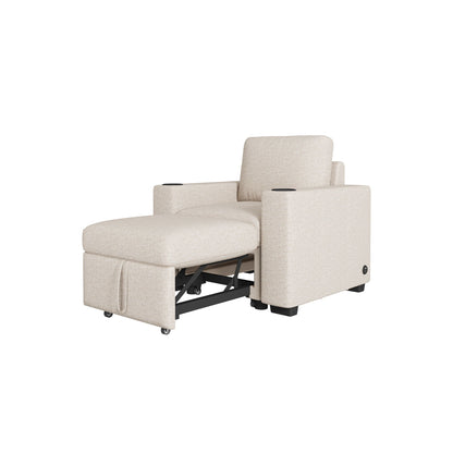 Beige single pull-out sleeper chair with cup holders in armrests and metal underframe on Tampa Home & Garden Store