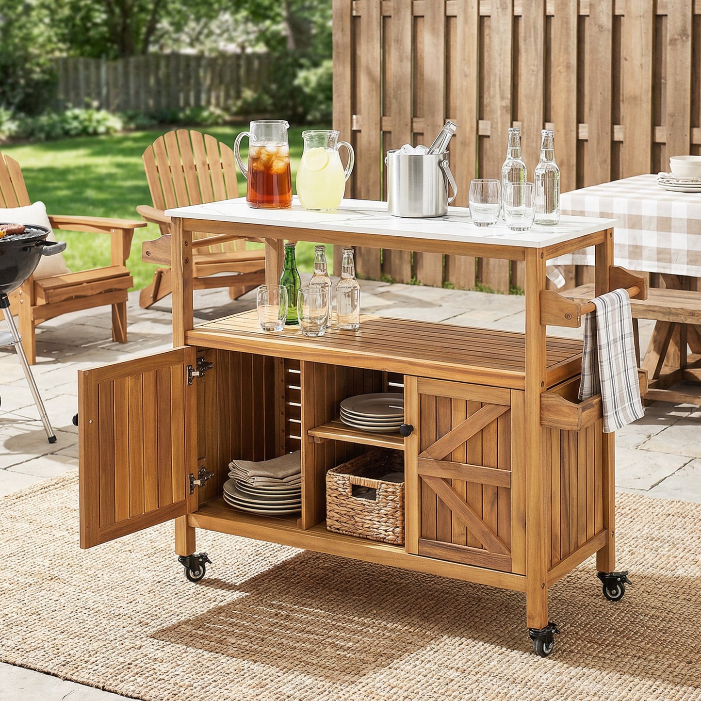 Classic Outdoor Acacia Wood Bar and Serving Rack