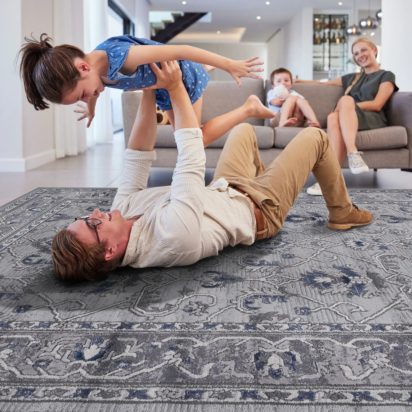 Marfi Trendy Oriental Rug runner in blue-gray with ornate pattern on Tampa Home & Garden Store