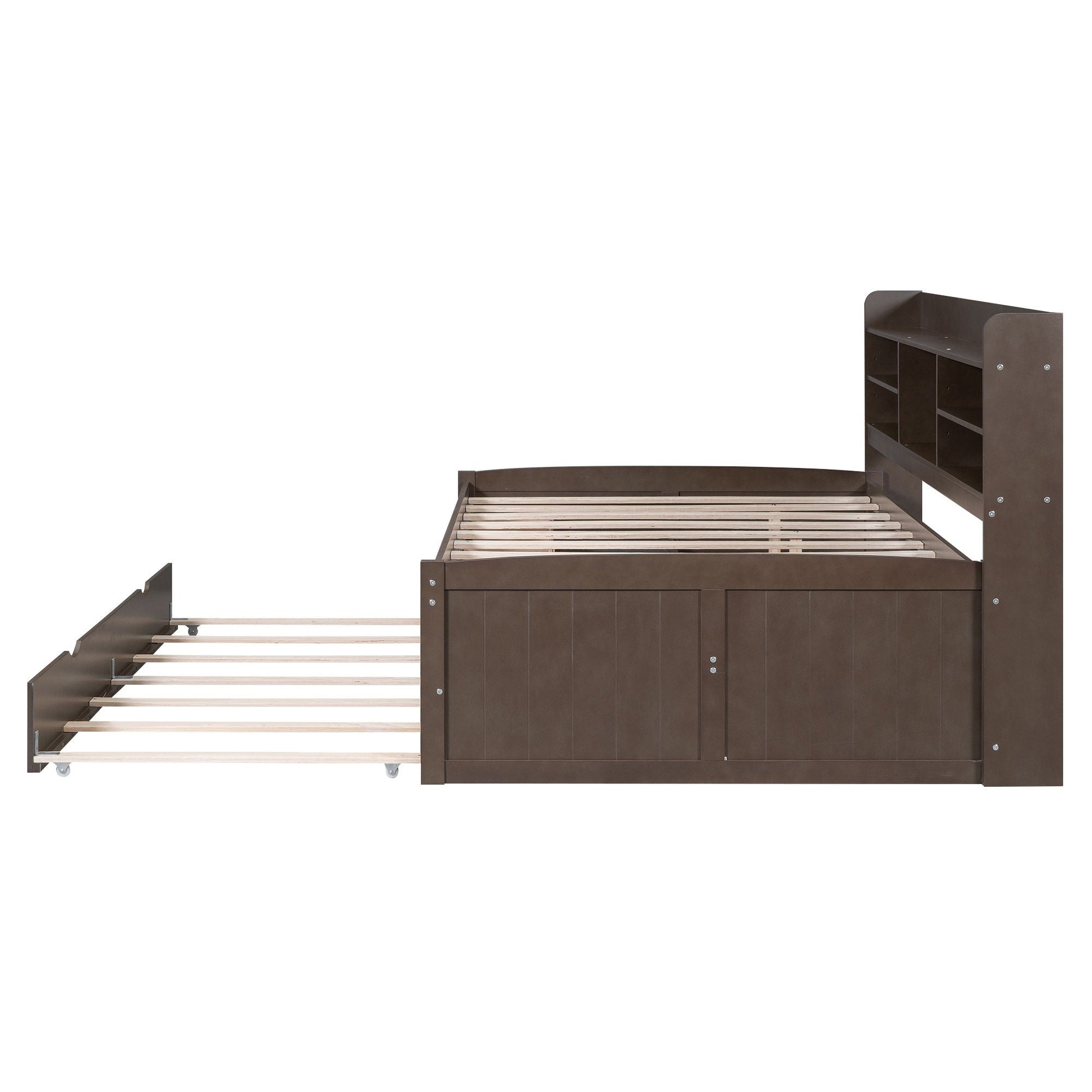 Captain bed with built-in bookshelves and trundle in dark brown wood by HouseOfZazla on Tampa Home & Garden Store