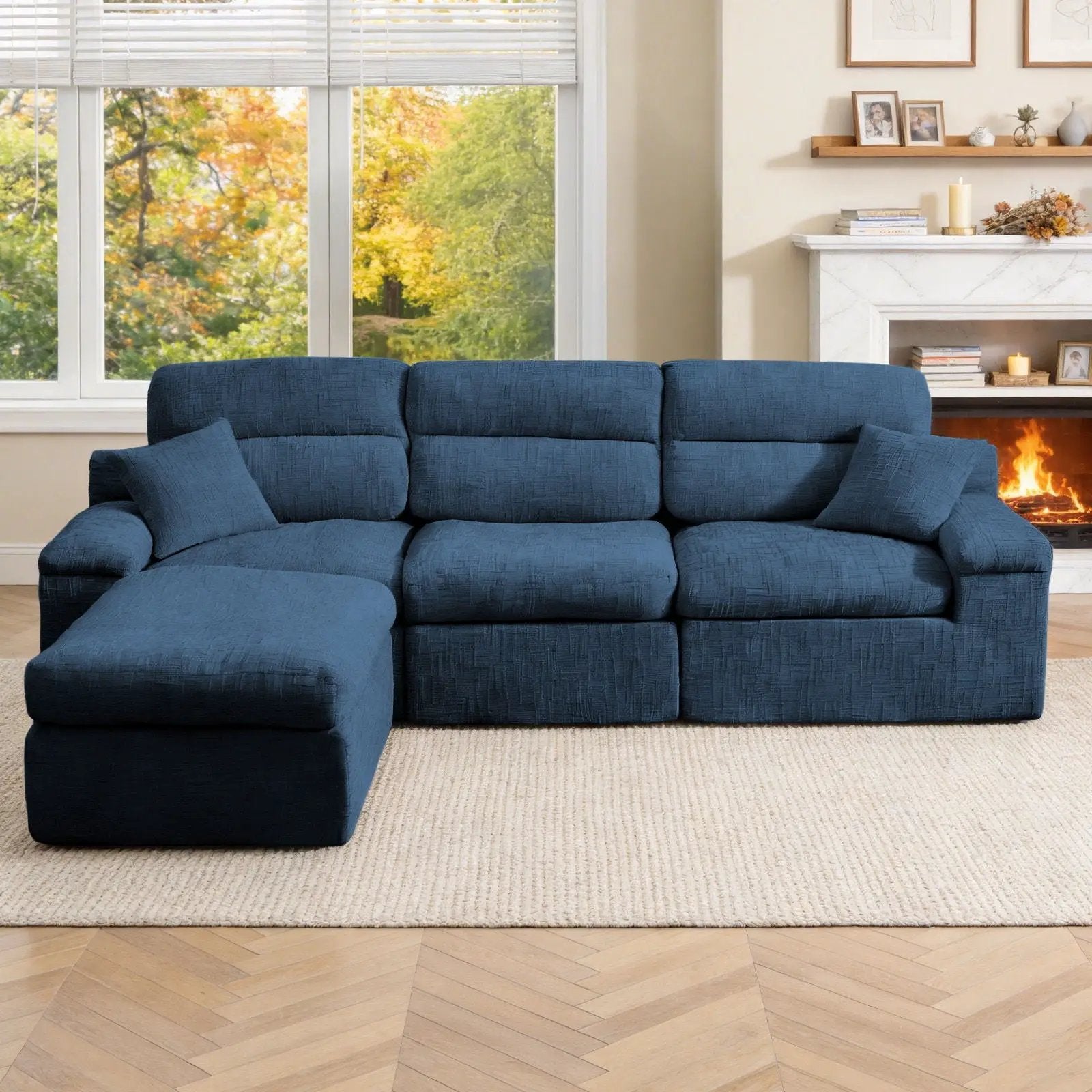 Blue textured corner chaise sofa with high backrest, 2-piece living room set on Tampa Home & Garden Store