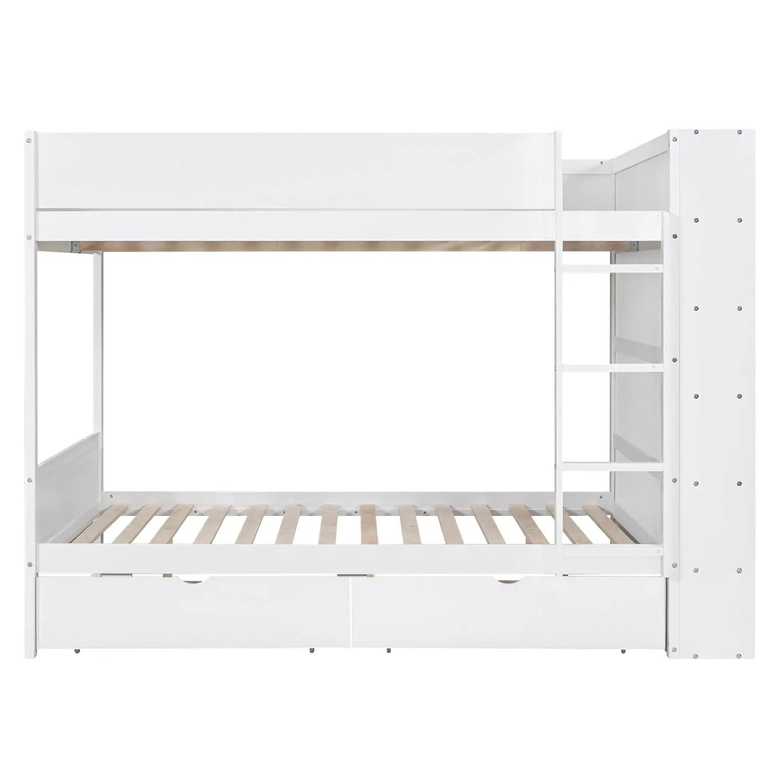 White bunk bed frame with two drawers, side ladder and multi-layer cabinet, wood slat base on Tampa Home & Garden Store