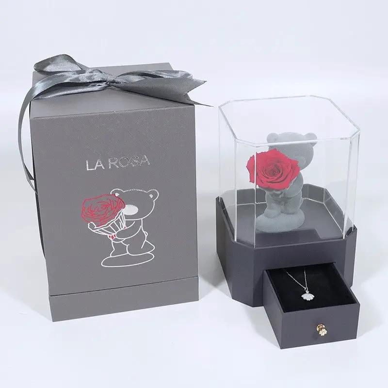 Flocking Bear Gift Box Valentine's Day three-piece gray La Rosa box with ribbon display bear rose on Tampa Home & Garden Store