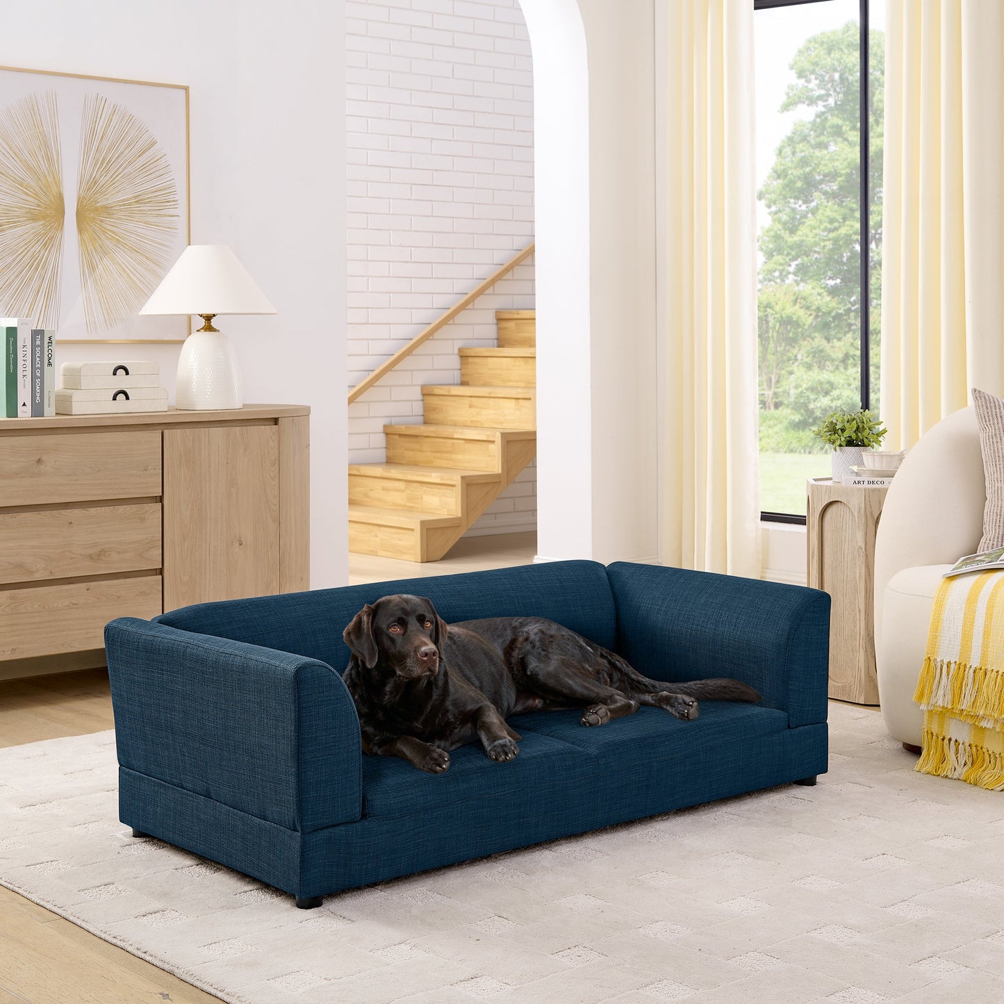 Comfortable Oversized Pet Sofa for Medium & Large Dogs in navy blue fabric with a dog on Tampa Home & Garden Store