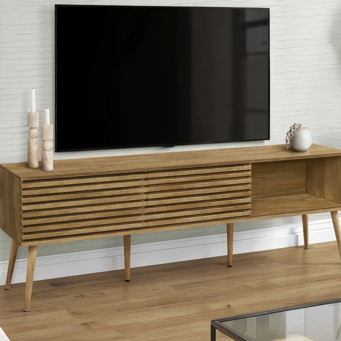 TV Stand 72in walnut with slatted front cabinets and storage shelves Unique Piece Furniture on Tampa Home & Garden Store