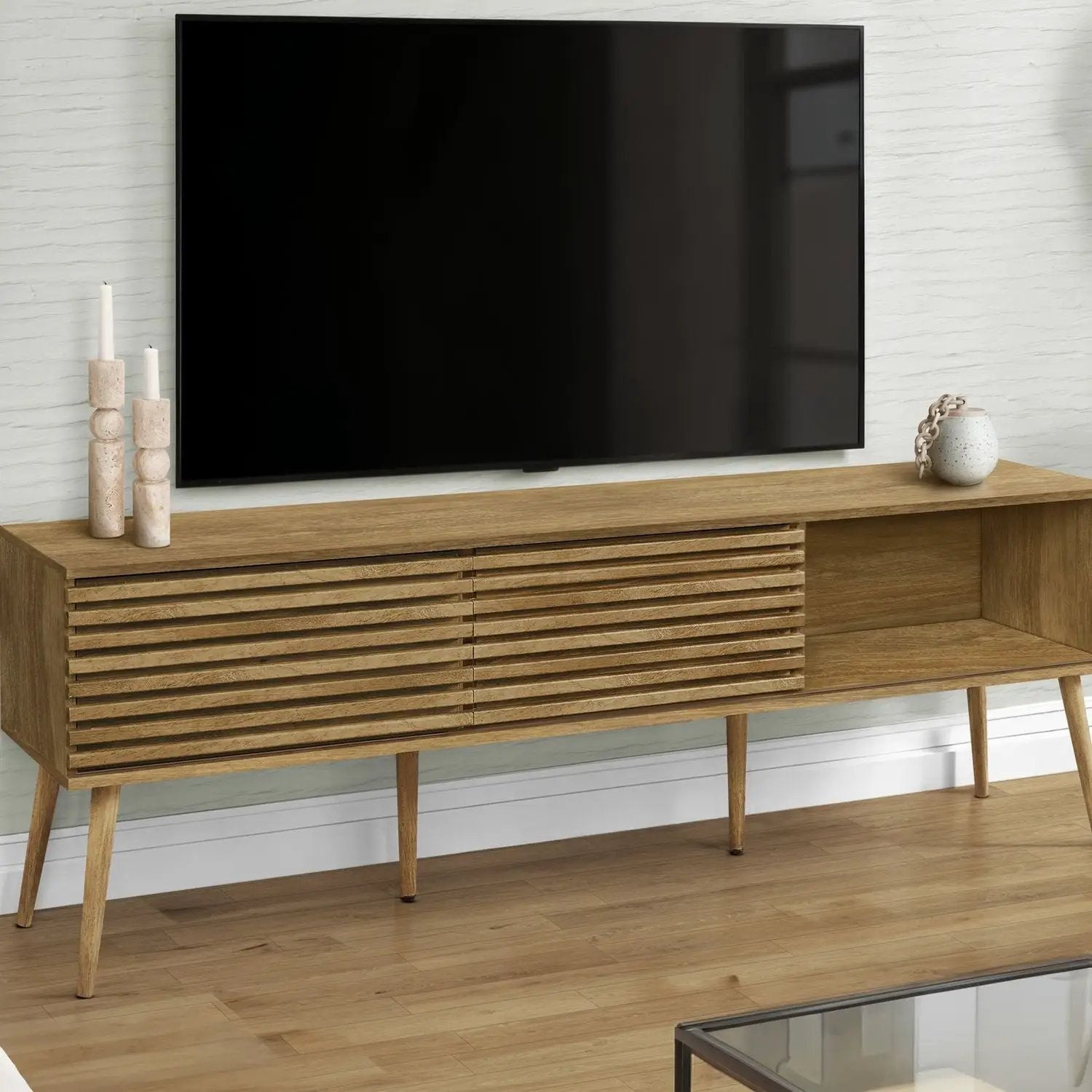 TV Stand 72in walnut with slatted front cabinets and storage shelves Unique Piece Furniture on Tampa Home & Garden Store