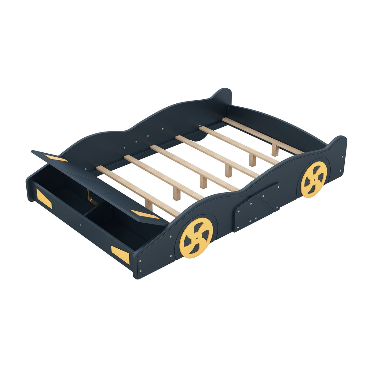 Race car shaped platform bed with wheels and storage, dark blue frame, wooden slats on Tampa Home & Garden Store