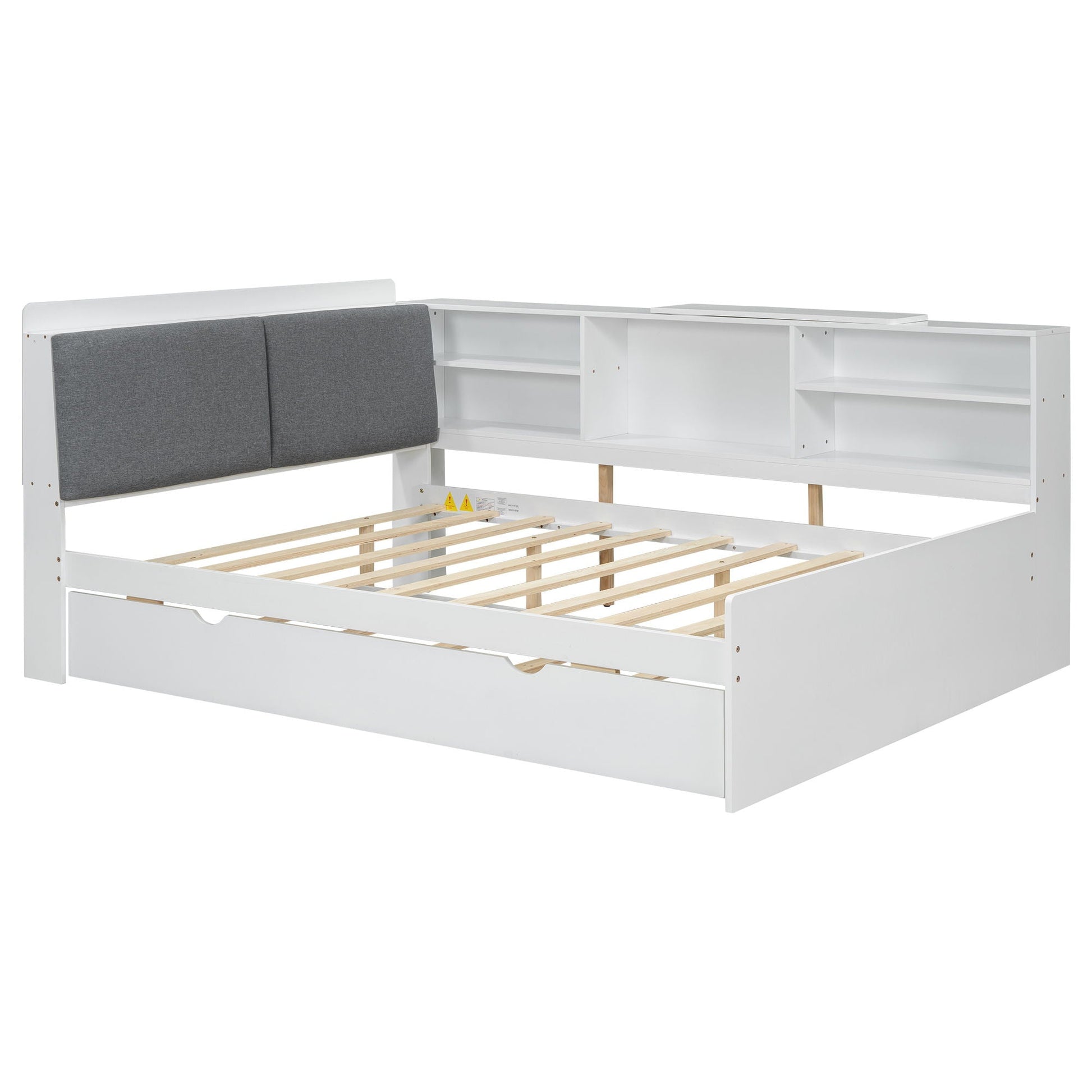 Platform bed with trundle and shelves, white frame, gray upholstered headboard, HouseOfZazla on Tampa Home & Garden Store