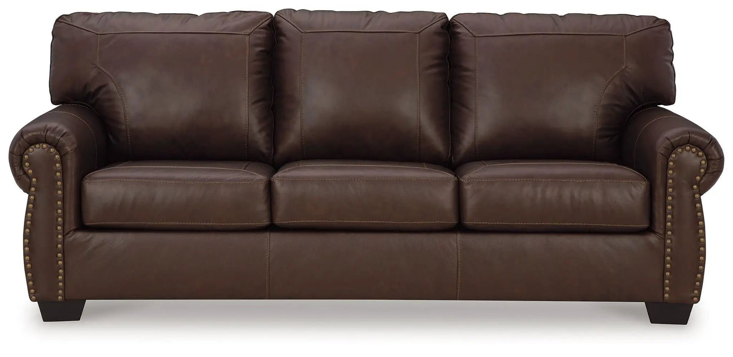 Colleton Dark Brown leather sofa, stationary three-seat with rolled arms and nailhead trim on Tampa Home & Garden Store