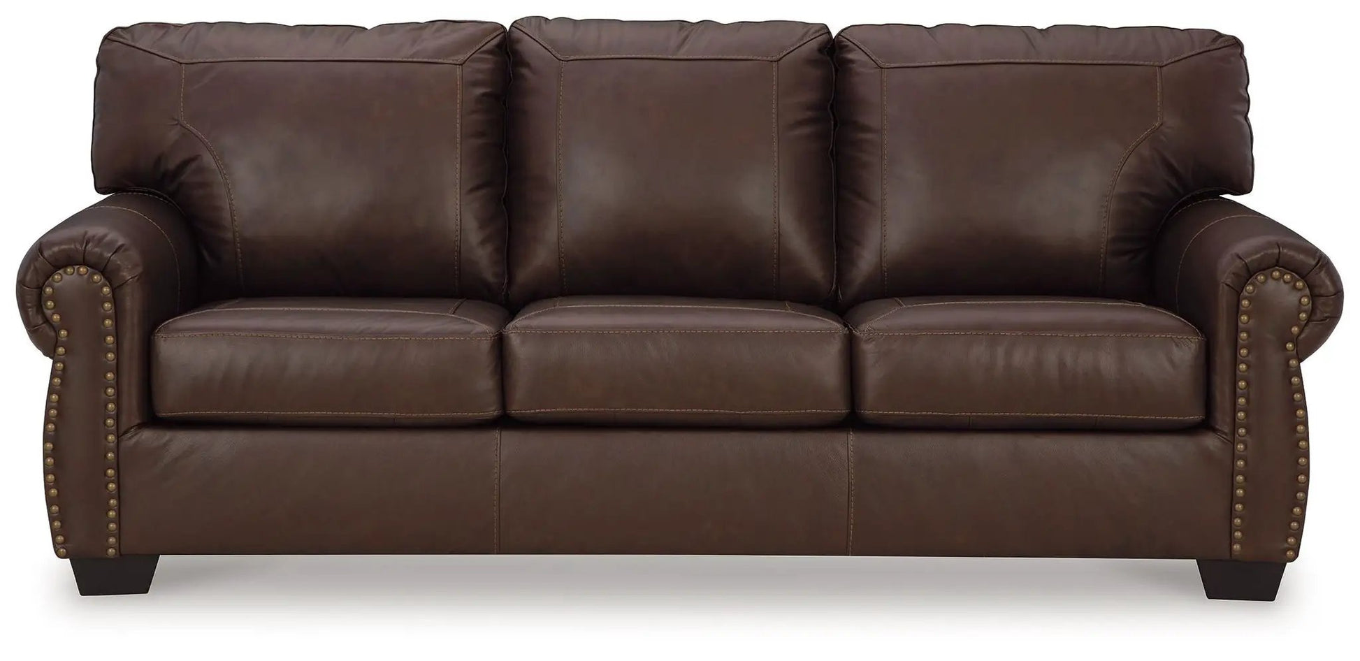 Colleton Dark Brown leather sofa, stationary three-seat with rolled arms and nailhead trim on Tampa Home & Garden Store